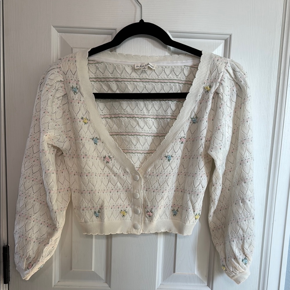 For Love & Lemons White Knit Cardigan with Floral Accents